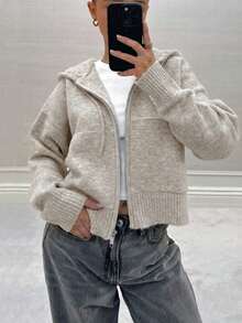 Women's Hooded Drawstring Pocket Long Sleeve Knit Cardigan - Oat - View 1