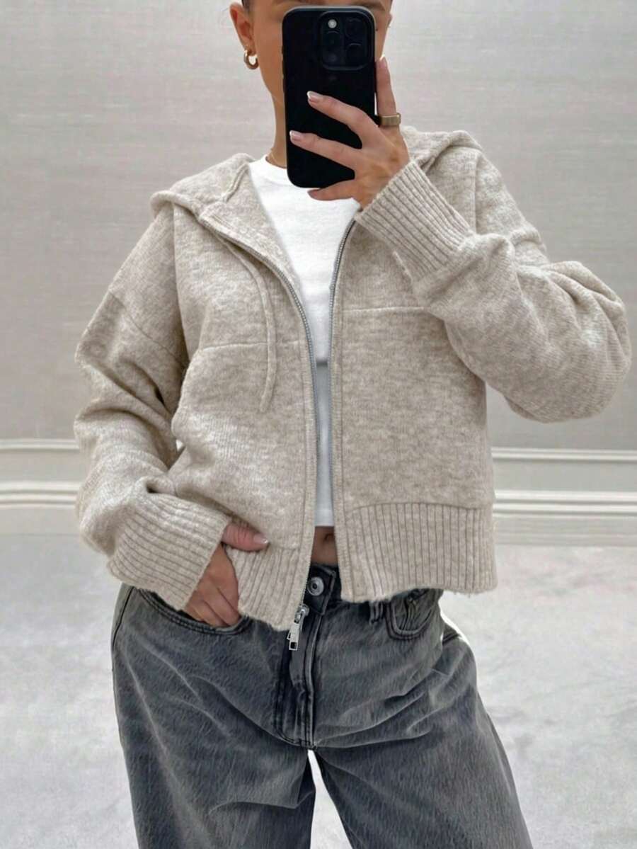 Women's Hooded Drawstring Pocket Long Sleeve Knit Cardigan - Oat - View 1