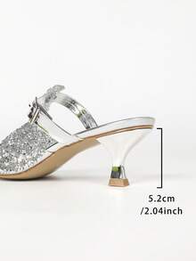 Women's Square Toe Kitten Heel Mules, Silver Metallic With Sequin Embellished Strap & Square Buckle, Slip On Slide Sandals For Night Out Wedding Guest - Silver - View 7