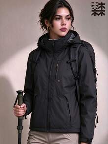 mulinsen Women's Colorblock Fleece Lined Hooded Windproof Jacket, Suitable For Winter Hiking And Camping - Black - View 1