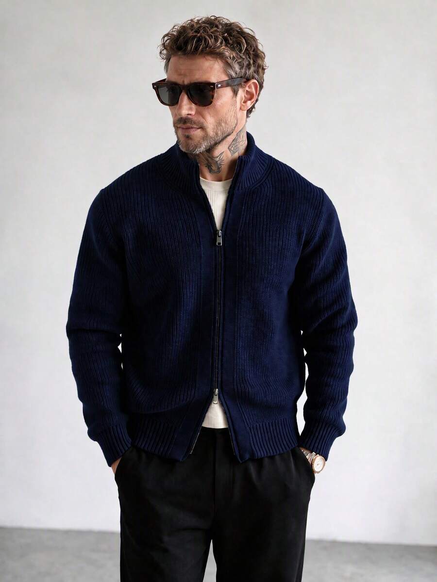 Men's Solid Color Stand Collar Double Zipper Knit Cardigan Heavyweight Chunky Sweater Spring Autumn Winter Versatile Casual Top