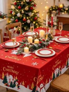 Taplak Meja Natal Persegi Panjang dengan Permukaan Foil, Ukuran 54*72/54*108 Inci, Motif Santa Claus, Pohon Natal, dan Kepingan Salju Berwarna Merah & Hijau, Cocok untuk Makan Malam Liburan, Pertemuan Keluarga, dan Pesta Natal - Taplak meja Natal A - View 4