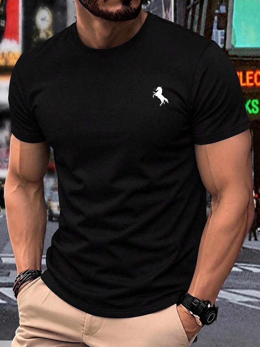 Mature Commute Men T-Shirt With Minimal Steed Silhouette Print, Daily Wear For Hanging Out And Camping