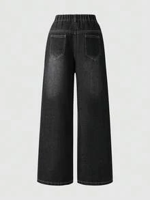 Tween Girl Elastic Waist Pocket Casual Straight Leg Denim Jeans - Black - View 3