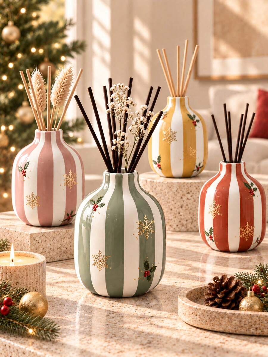 Hand Painted Vertical Striped Vase, Multicolor Round Bulb Shaped Decor Vase, Can Be Used As Reed Diffuser Bottle, Aesthetic Tabletop Home Decor Ornament - Small Round Bottle - View 1