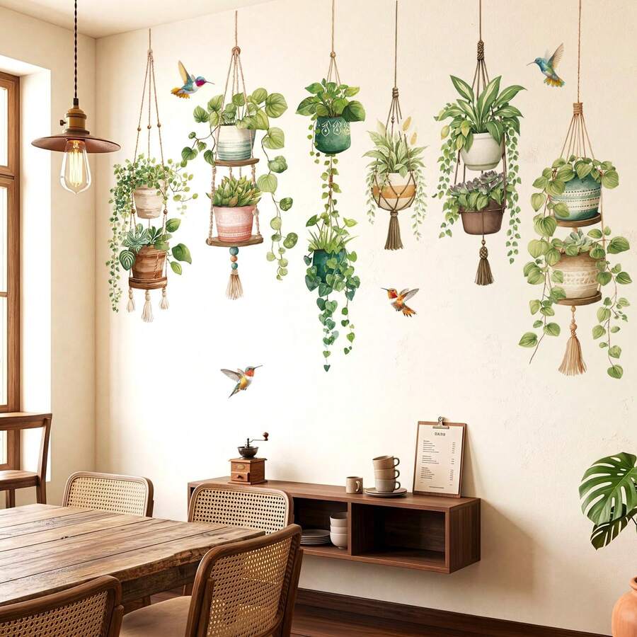 1Set Hanging Potted Plant Hummingbirds Wall Stickers Watercolor Botanical Wildflower Butterflies Wall Decals Living Room Bedroom - Flower - View 1