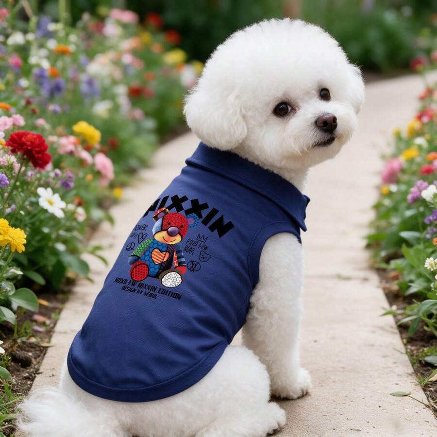 1pc Navy Sleeveless Pet Polo Shirt, Colorful Patchwork Bear Print Dog Vest, Breathable Summer Puppy Clothes For Small Dogs Bichon Teddy - Navy Blue - View 1