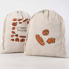 1/2pcs Off-White Linen Drawstring Bread Bag, Reusable French Baguette Bag, Cookie Bag, Picnic Bread Food Storage Bag, Bread Pattern Storage Bag, Multiple Patterns Available - Multicolor - View 3
