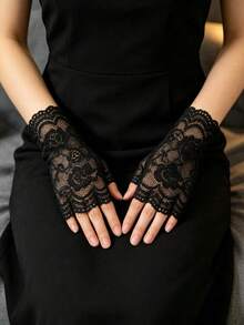 Women's Gothic Style Accessory Set - Black Lace Fingerless Gloves & Velvet Choker Necklace, Suitable For Halloween, Prom, 1920s Themed Party And Gothic Cosplay Events - Multicolor - View 7