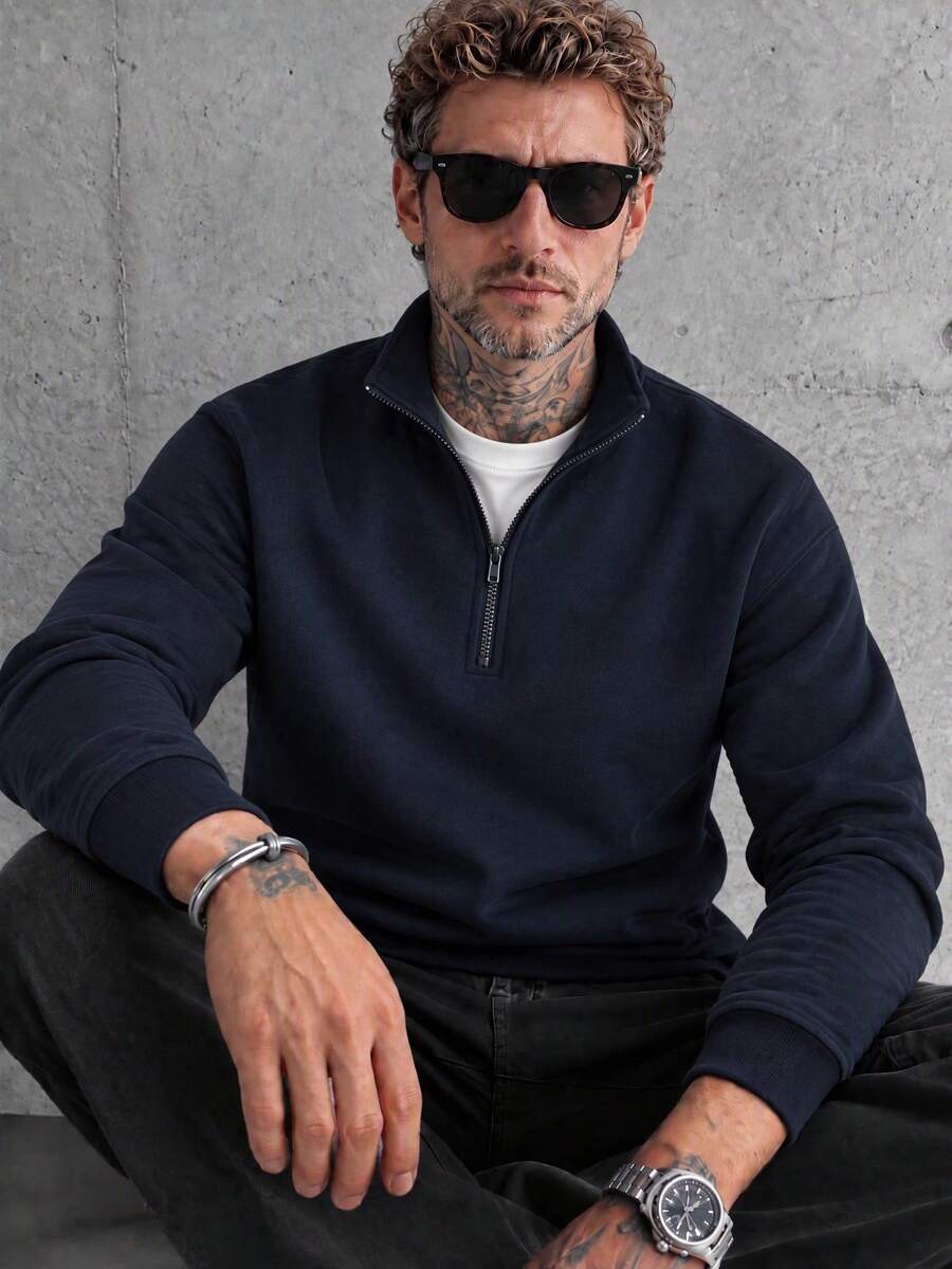 Men's Solid Color Half-Zip Turn Collar Sweatshirt, Minimalist Loose Fit, Autumn/Winter Daily Commute Casual Long Sleeve Pullover - Navy Blue - View 1