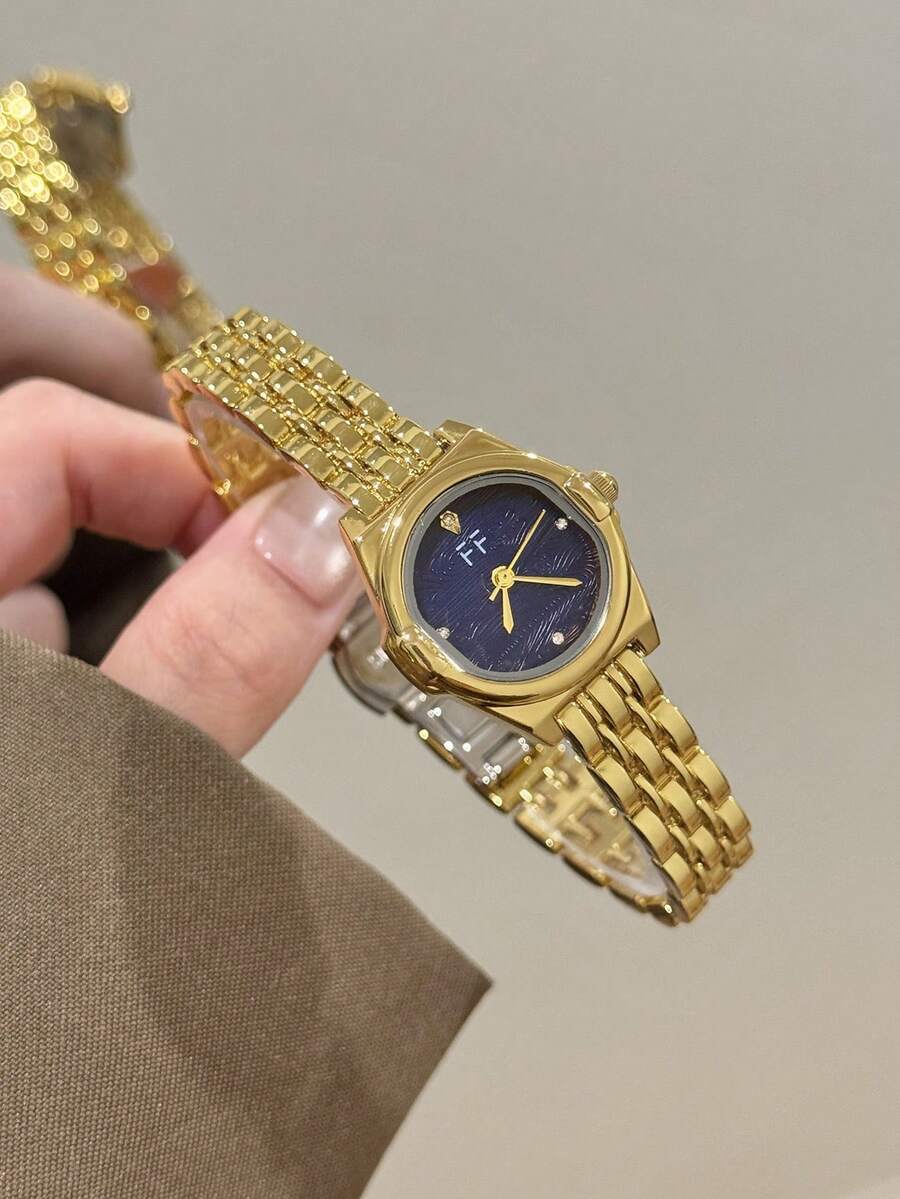 1件女款金色石英手錶,鑲鑽刻度與藍色錶盤,時尚優雅,適合日常配戴 - 金色 - 查看 1