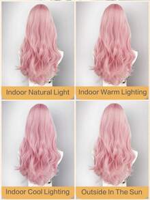 Light Pink Long Wavy Wig, Thick Bangs Design, 26 Inch Synthetic Fiber Women's Wig, Natural Look Full Head Style, Suitable For Daily Wear, Parties And Cosplay - Multicolor - View 9