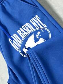 Men's Loose Fit Sports Sweatpants, Printed Casual Joggers, Streetwear Letter Design, Comfortable Versatile Slimming Long Pants - Blue - View 8