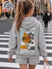 1pc Tween Girl Thermal Lined Thick Warm Sweatshirt, Young Student Clothing, Autumn/Winter Long Sleeve Top - Grey - View 1