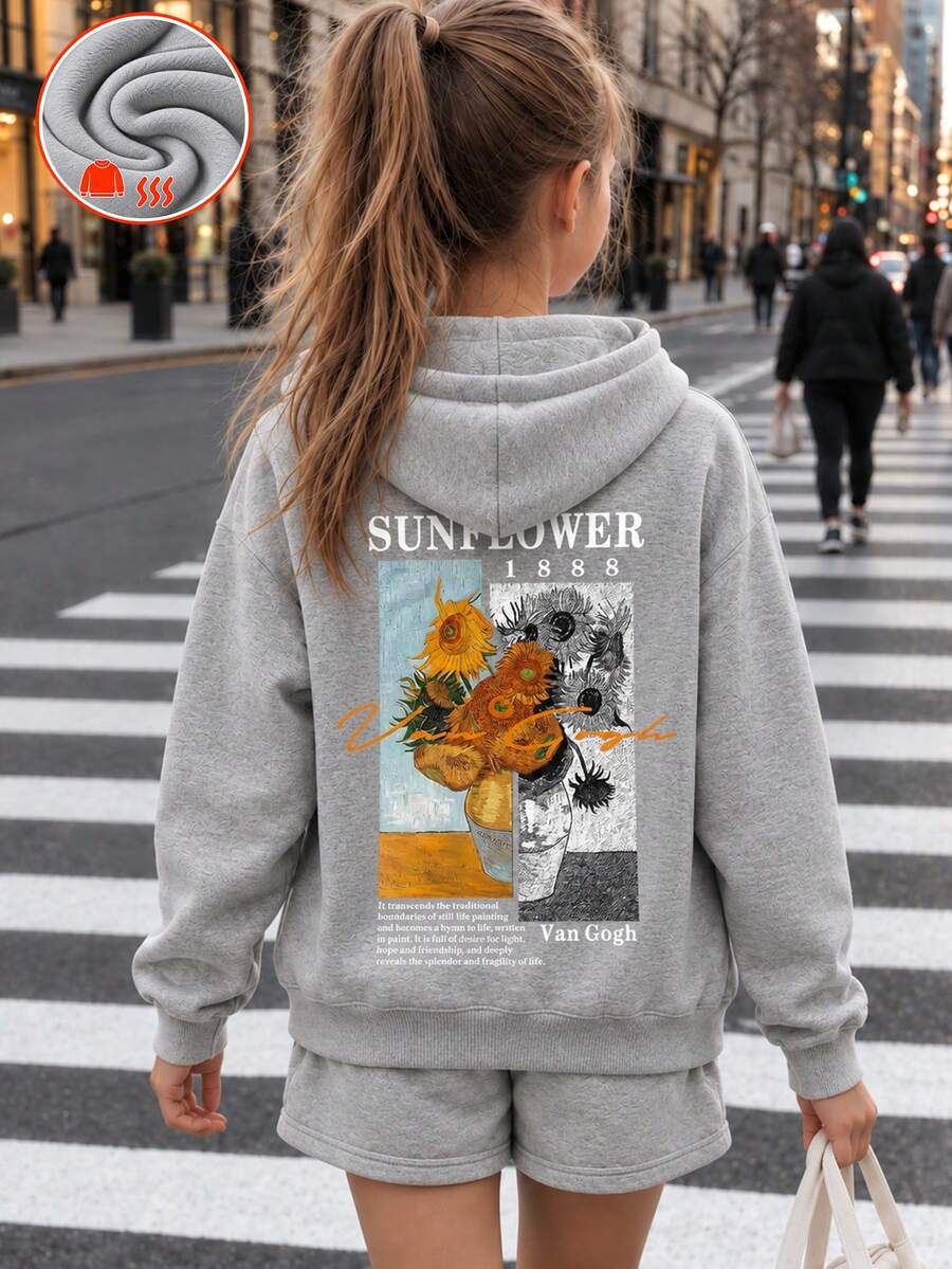 1pc Tween Girl Thermal Lined Thick Warm Sweatshirt, Young Student Clothing, Autumn/Winter Long Sleeve Top - Grey - View 1
