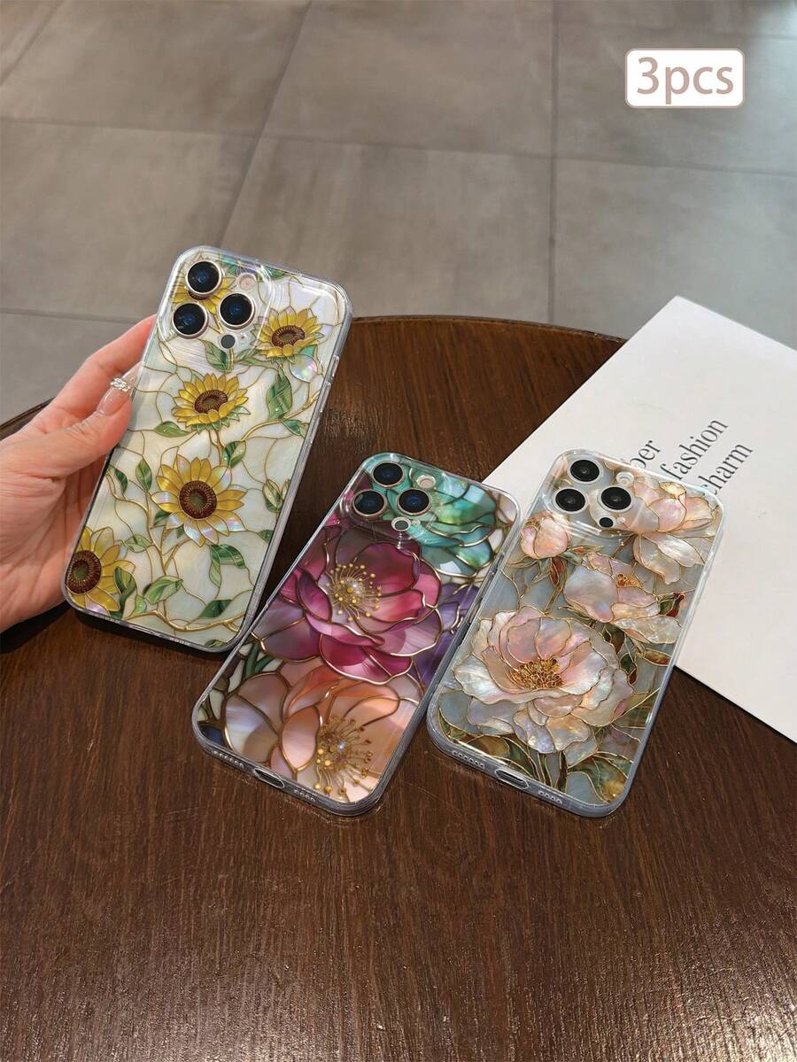 3件裝時尚創意全螢幕花卉葉片彩繪圖案高透明手機殼,防摔防刮防指紋透明TPU軟殼,相機鏡頭保護,相容於Apple、Nothing、Pixel - 彩色 - 查看 1