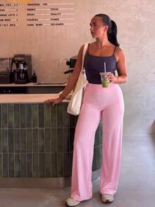 Pink High-Waist Wide-Leg Yoga Pants With Side Phone Pocket, Draped Slimming High-Elastic Commute & Sports Long Pants - Pink - View 5