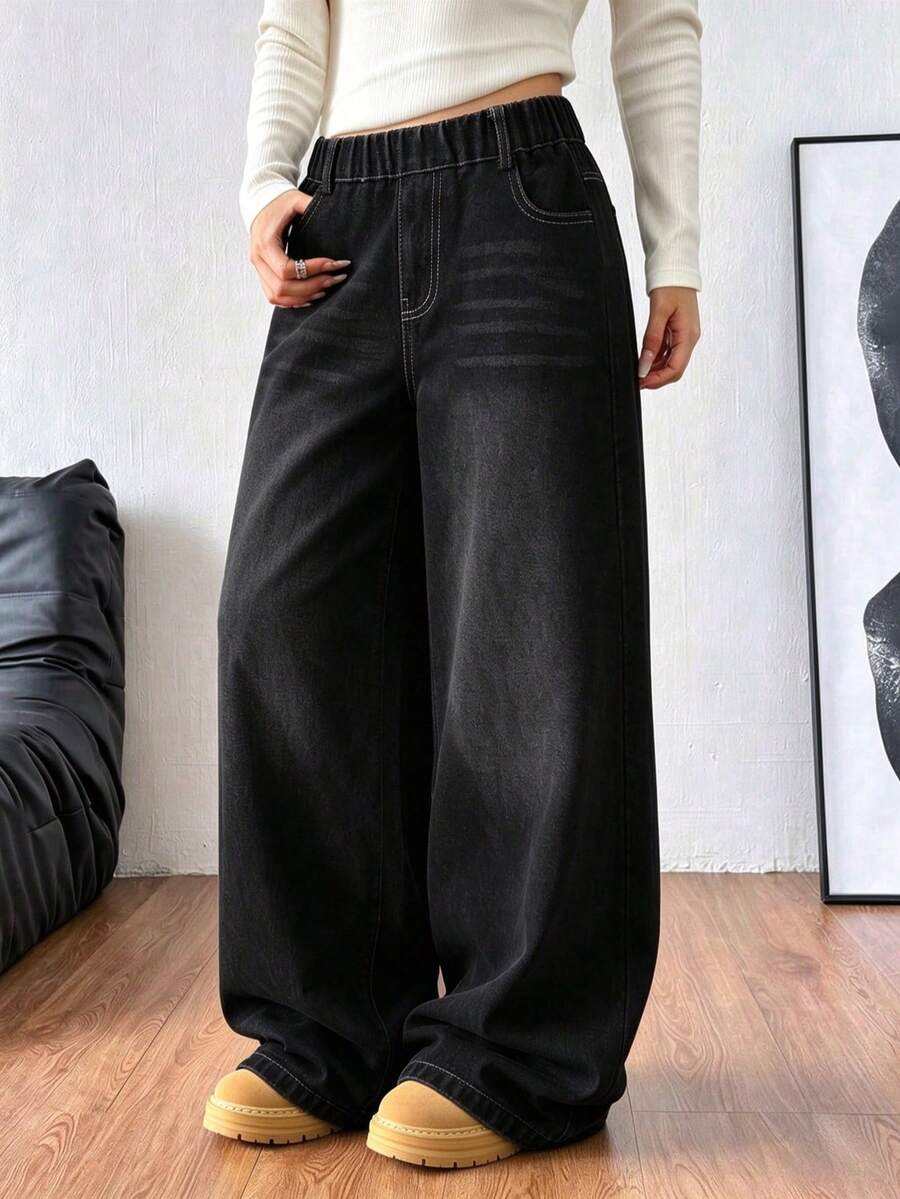 Tween Girl Elastic Waist Pocket Casual Straight Leg Denim Jeans - Black - View 1