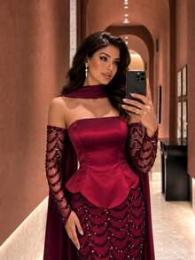UNITHORSE[Random Cut]Bandeau Waist-Cinched Sequin Patchwork Satin Floating Panel Evening Dress - Burgundy - View 1