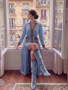 2026 Autumn/Winter Women's Elegant Versatile Colorblock Leopard Print Long Sleeve Dress, Suitable For Daily Commute, Outings, Shopping, Dates, Back To School Season And More. - Baby Blue - View 5