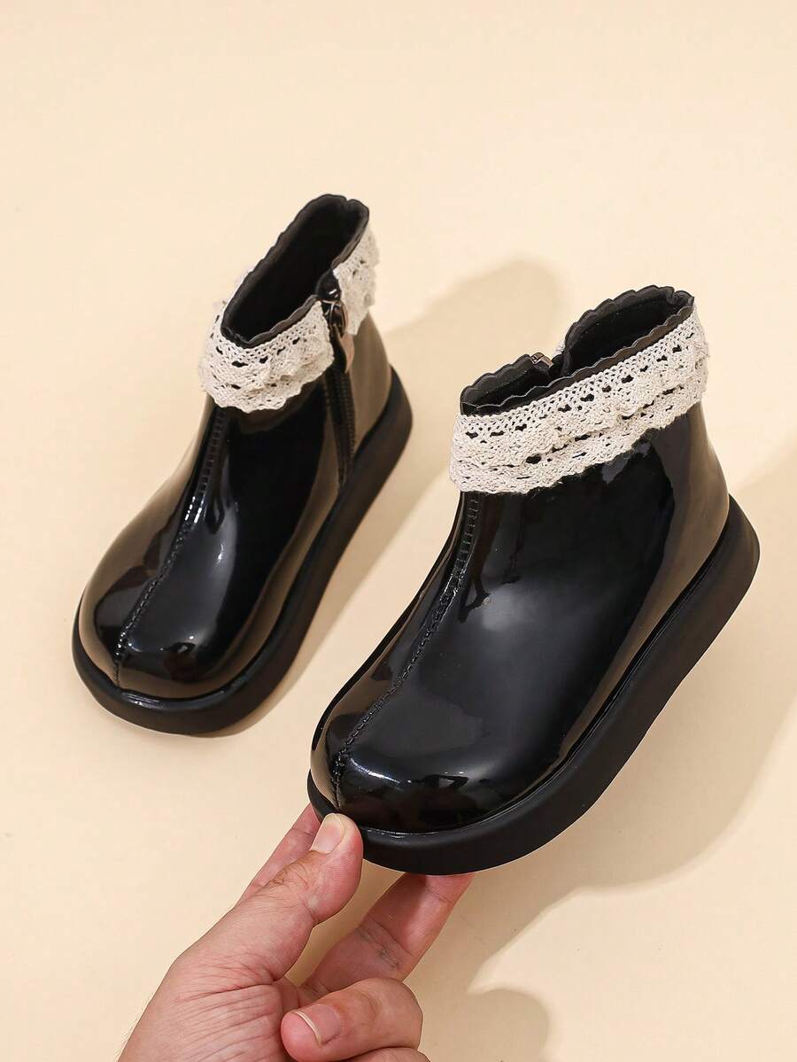 RS Black Patent Girls Ankle Boots Cream Lace Ruffle Trim Side Zipper Round Toe Thick Sole Toddler Short Boots For Daily Party - Black - View 1