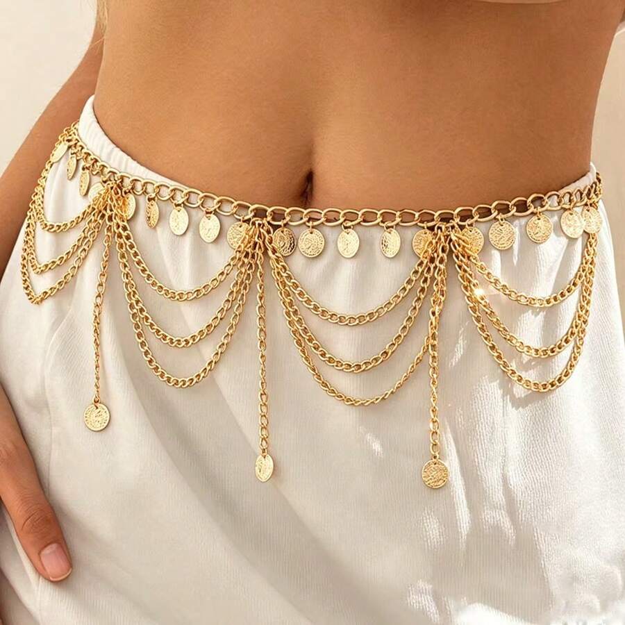 Bohemian Vintage Coin Waist Chain, Multi-Strand Dangle Tassel Belt, Gold Metal Body Chain, Women's Fashion Accessory, Suitable For Clothing - A - View 1