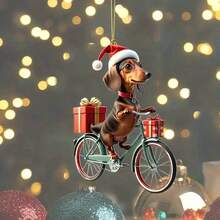 2pcs 2D Acrylic Flat Creative Cute Dachshund Riding Bicycle Delivering Christmas Gift Pattern Car Rearview Mirror Hanging Ornament/Christmas Tree Decoration/Christmas Gift/Couple Keychain Pendant/Backpack Charm - Cycling Puppy Charm - View 4