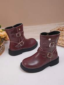 1 Pasang Sepatu Bot Motor Vintage Anak Perempuan dengan Gesper Logam Setinggi Betis - Burgundy - View 5