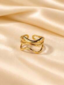 3pcs Gold Open Ring Set, Interlocking Circle, Wavy Wrap, Wide Ripple Design, Adjustable, European And American Niche Style, Stackable Combination Accessory - Gold - View 7