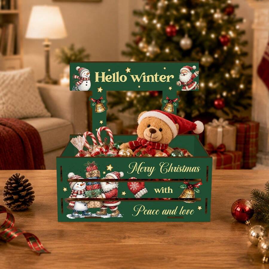Merry Christmas, Bringing Peace And Love, Santa Claus Christmas Gift Box Pattern, Wooden Storage Box, Christmas Decoration Wooden Organizer, Open Decorative Storage Container, Desktop Farmhouse Home Decor, Christmas Gift For Family And Friends - Multicolor - View 1