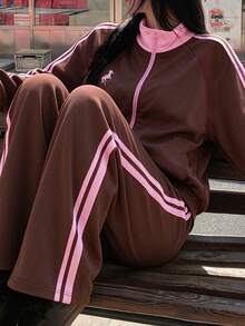 Lurzo Teen Girls Maillard Style Zip-Up Cardigan Set, Contrast Color Striped Stand Collar Zip Jacket + Wide Leg Pants, Y2K Retro Sweet, Suitable For Daily Wear - Brown - View 1