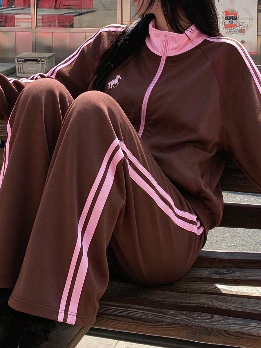 Lurzo Teen Girls Maillard Style Zip-Up Cardigan Set, Contrast Color Striped Stand Collar Zip Jacket + Wide Leg Pants, Y2K Retro Sweet, Suitable For Daily Wear - Brown - View 1