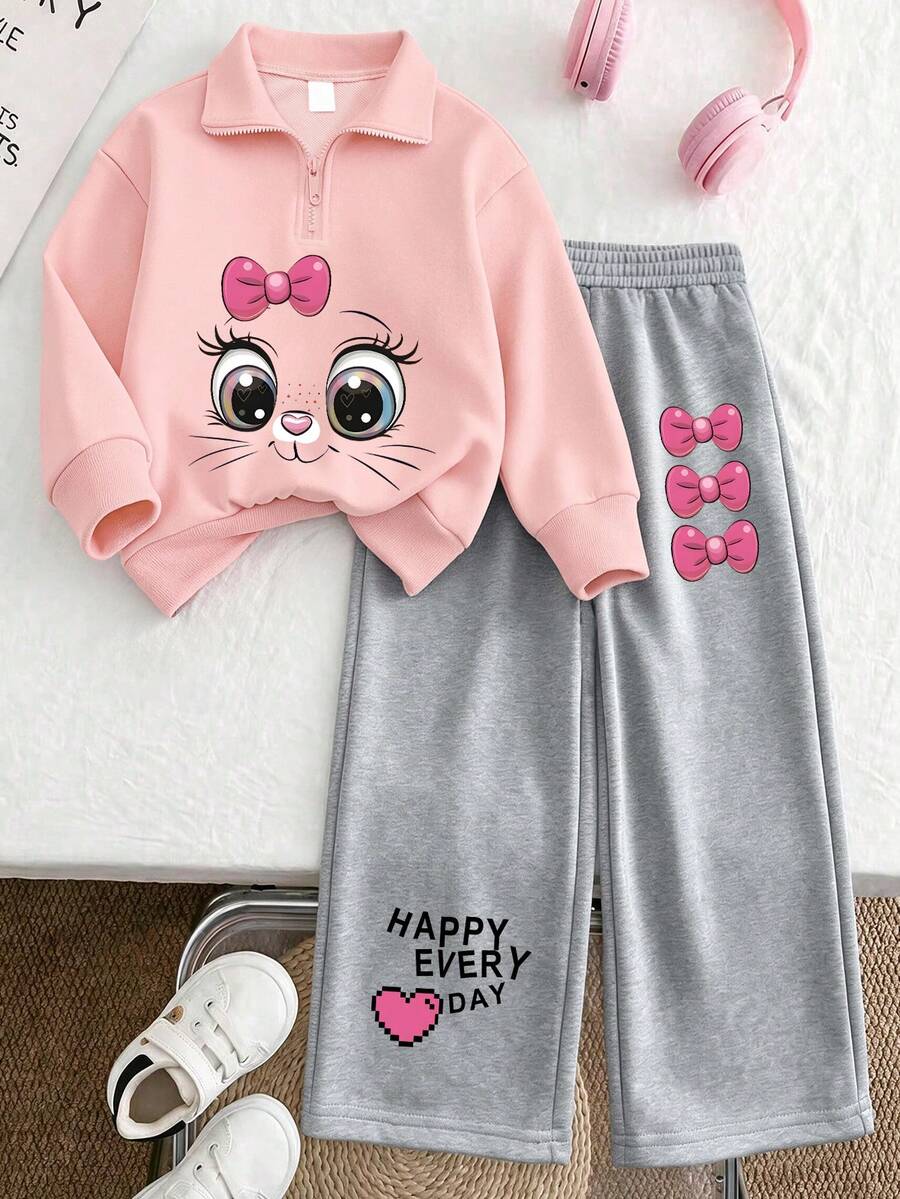 2pcs/Set Girls Half-Zip Polo Collar Sweatshirt With Cute Cartoon Print, Paired With Simple Casual Cargo Pants, Comfortable Autumn/Winter Outfit - Pink - View 1
