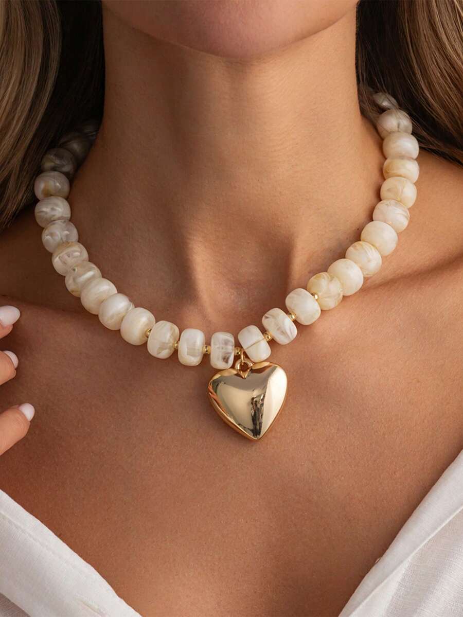 1pc Fashionable Exaggerated Colorful Resin Acrylic Handmade Beaded Heart-Shaped Pendant Collarbone Necklace For Women - White - View 1