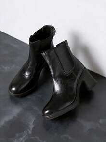 2026 New Women's Black Round Toe Chunky Heel Side Elastic Fabric Back Zipper Minimalist Versatile Chelsea Ankle Boots - Black - View 1