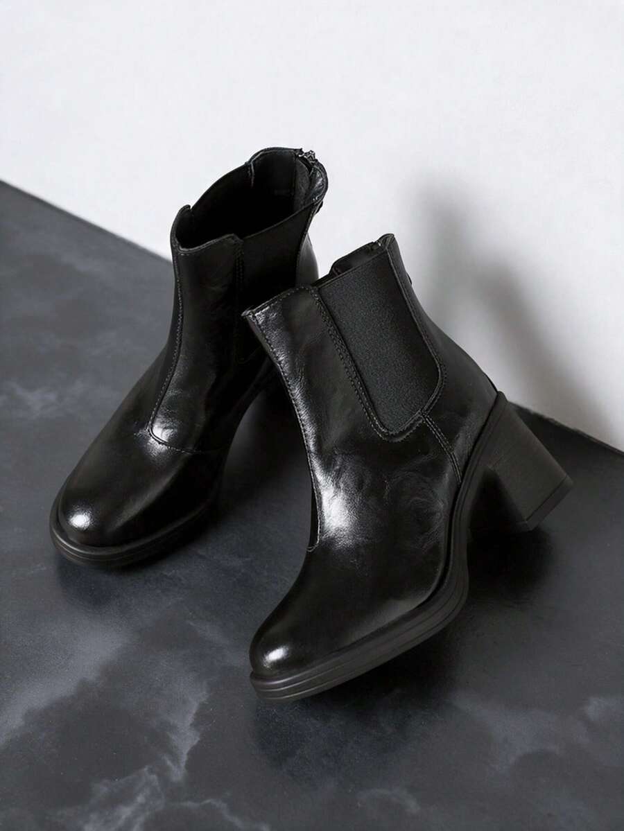 2026 New Women's Black Round Toe Chunky Heel Side Elastic Fabric Back Zipper Minimalist Versatile Chelsea Ankle Boots - Black - View 1