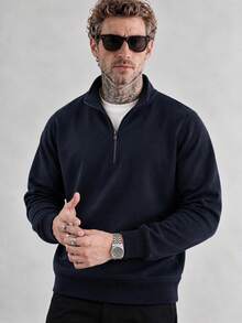 Men's Solid Color Half-Zip Turn Collar Sweatshirt, Minimalist Loose Fit, Autumn/Winter Daily Commute Casual Long Sleeve Pullover - Navy Blue - View 2