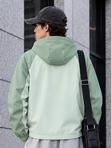 Men's Colorblock Raglan Sleeve Drop Shoulder Plus Size Jacket, Suitable For Autumn/Winter Casual Daily Wear, Great Gift - Green - View 2