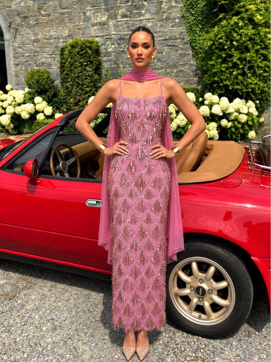 UNITHORSE [Random Cut]Spaghetti Strap Cinched Waist Sequin Elegant Evening Gown - Red Violet - View 1