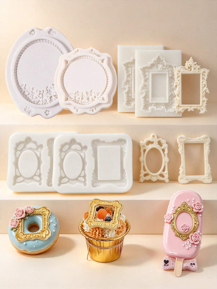 Baroque Vintage Picture Frame Silicone Mold, Round & Square Frame Molds For Fondant, Candy, Clay & Covered , Cake Photo Decor & Cupcake Toppers, DIY Craft Supplies