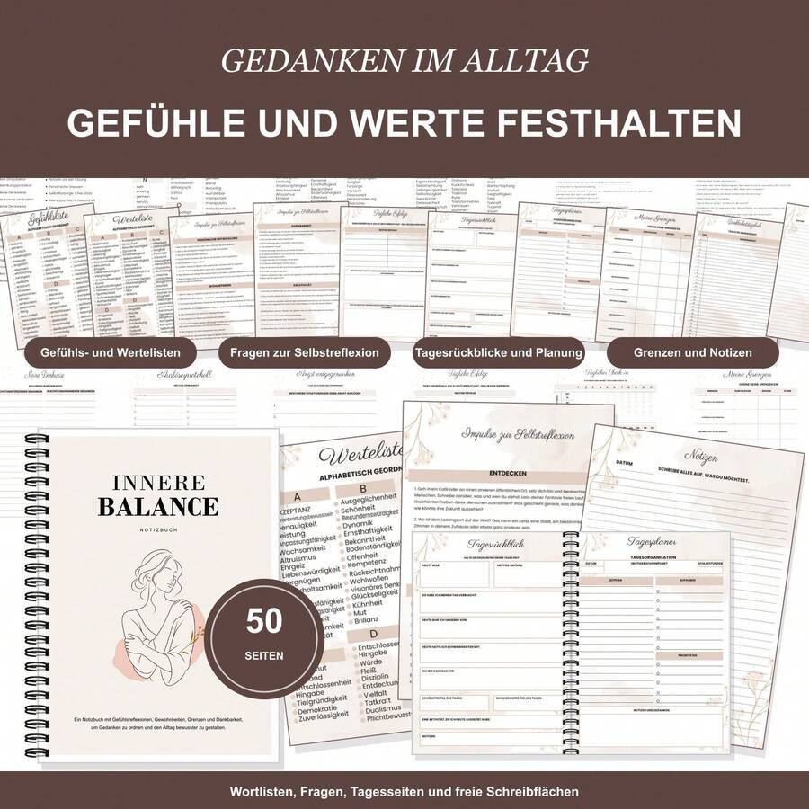 Spiral Notebooks For German Language Self Reflection With Guided Writing Prompts, Emotion And Values Lists, Gratitude, Daily Check Ins, Personal Boundaries, Self Care, Thought Patterns, Activities And Notes - A5 - View 1