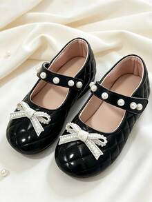 Girls Black PU Mary Jane Shoes With Pearl Buckle, Hook And Loop, Pearl Rhinestone Bow, Flat Soft Sole, Round Toe, All Season Princess Shoes - Black - View 3