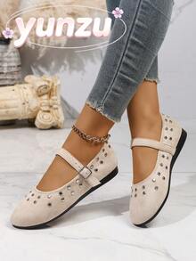 New Glitter Rhinestone Round Toe Mary Jane Shoes For Women, Buckle Shallow Vamp Flat Shoes, Versatile Soft Sole Shoes For Dating And Outings - Apricot - View 8