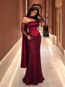 UNITHORSE[Random Cut]Bandeau Waist-Cinched Sequin Patchwork Satin Floating Panel Evening Dress - Burgundy - View 3