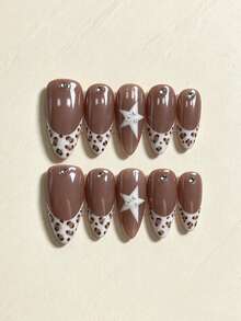 10pcs Handmade Press-On Nails, Almond Shape Fake Nails, Autumn/Winter Leopard Print French Manicure, White Star Rhinestone Decor, Nude Coffee Color, Reusable For Women's Daily, Dating And Party - Multicolor - View 1
