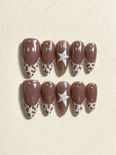 10pcs Handmade Press-On Nails, Almond Shape Fake Nails, Autumn/Winter Leopard Print French Manicure, White Star Rhinestone Decor, Nude Coffee Color, Reusable For Women's Daily, Dating And Party