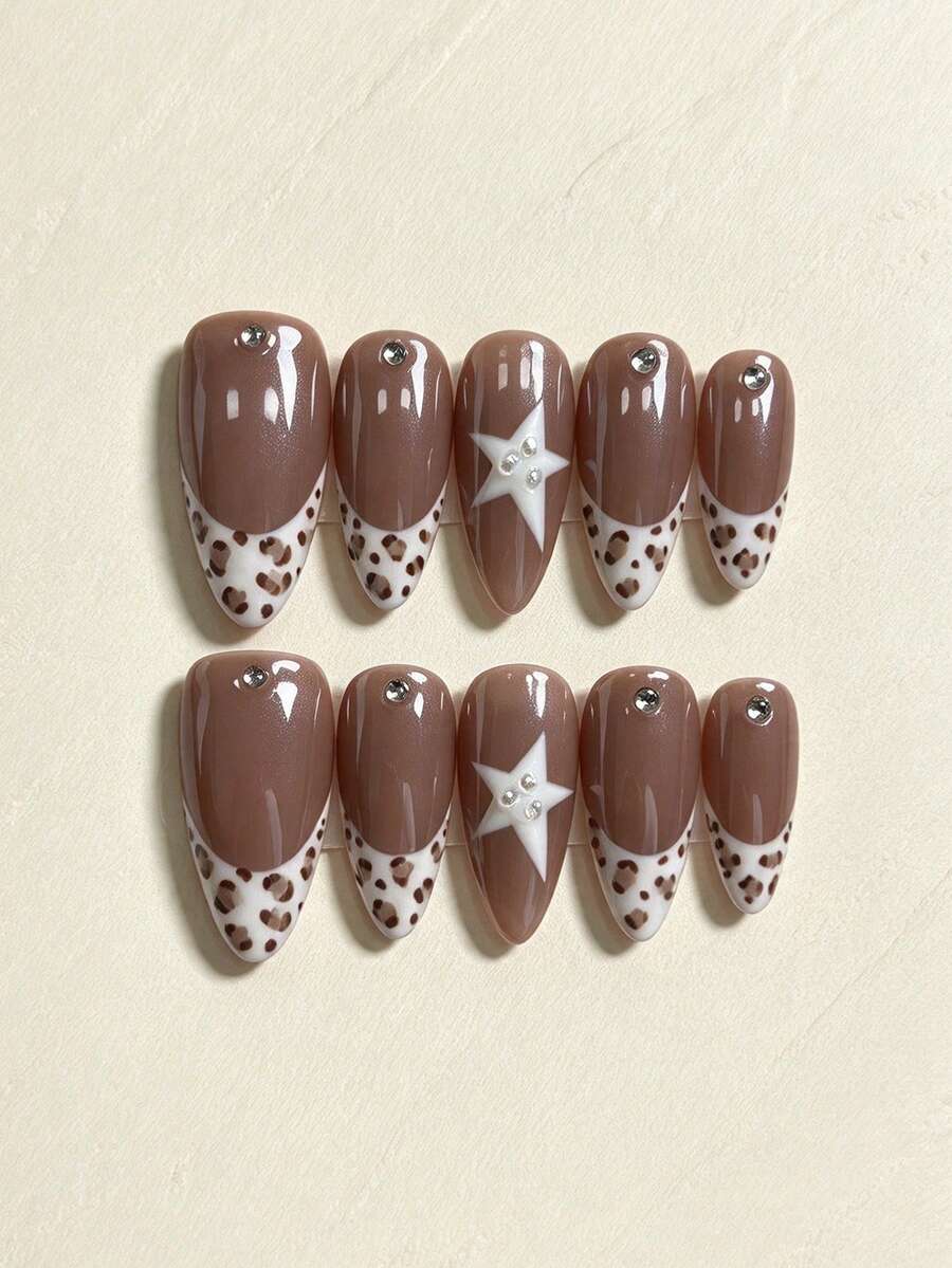 10pcs Handmade Press-On Nails, Almond Shape Fake Nails, Autumn/Winter Leopard Print French Manicure, White Star Rhinestone Decor, Nude Coffee Color, Reusable For Women's Daily, Dating And Party - Multicolor - View 1