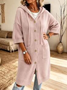 Plus Size Women's Pink Hooded Cardigan, Dropped Shoulder 3/4 Sleeve, Button Front Design, With Pockets, Suitable For Autumn/Winter Wear - Pink - View 4