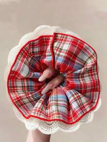 1pc Sweet Plaid Heart Print Lace Trim Ruffle Layered Hair Scrunchie, Elegant Women Girls Hair Accessory - Multicolor - View 5