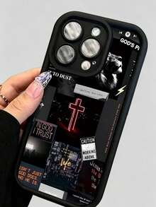 1pc Black Cross Collage Pattern Perforated Anti-Drop Anti-Fingerprint Full Coverage Phone Case Compatible With Iphone - Multicolor - View 2